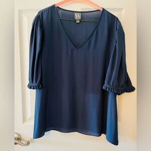 Worthington Light Navy V-Neck Blouse with Ruffled Sleeves XXL